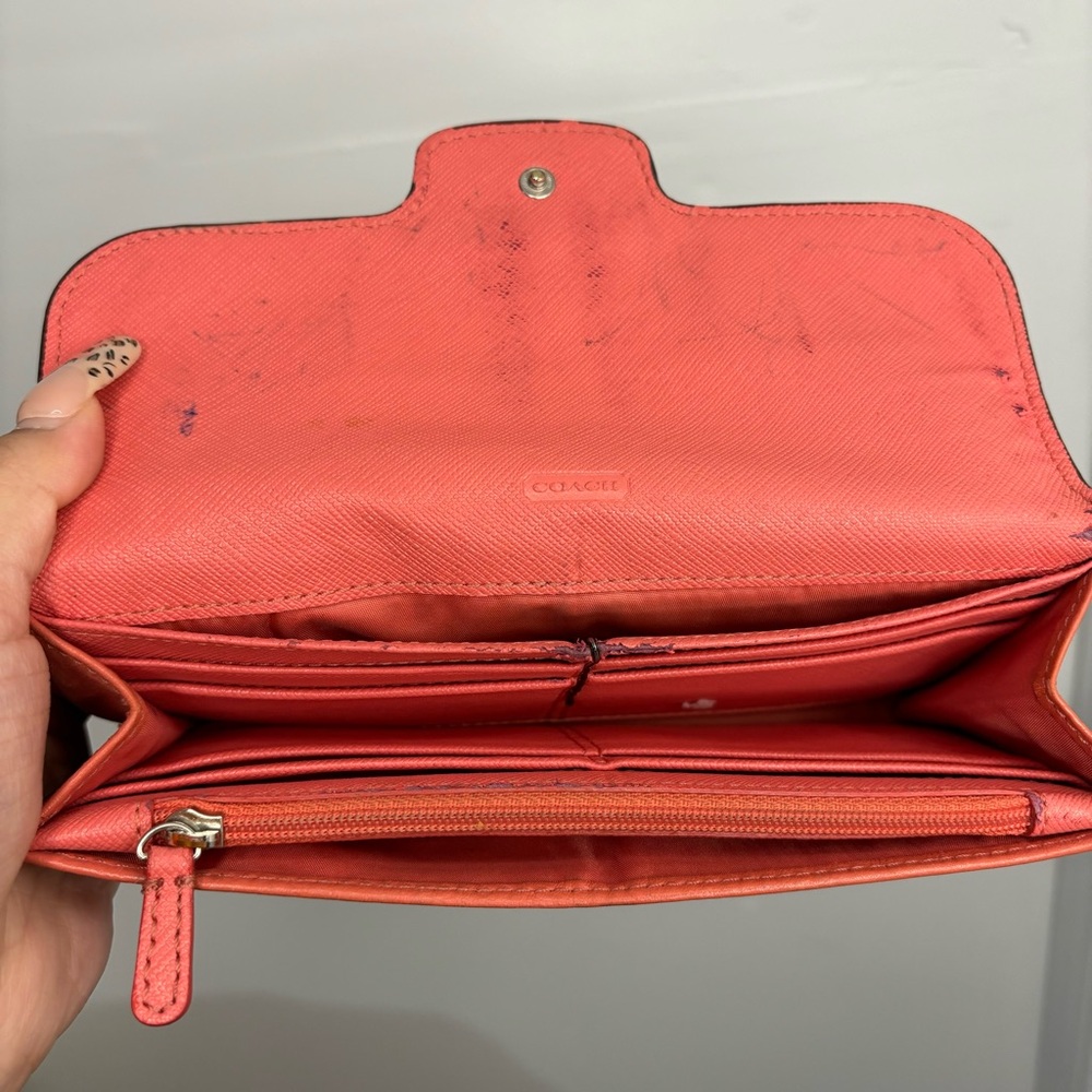 Coach Top Stitched Bifold Wallet Womens Leather Peach Coral Snap - Picture 5 of 6